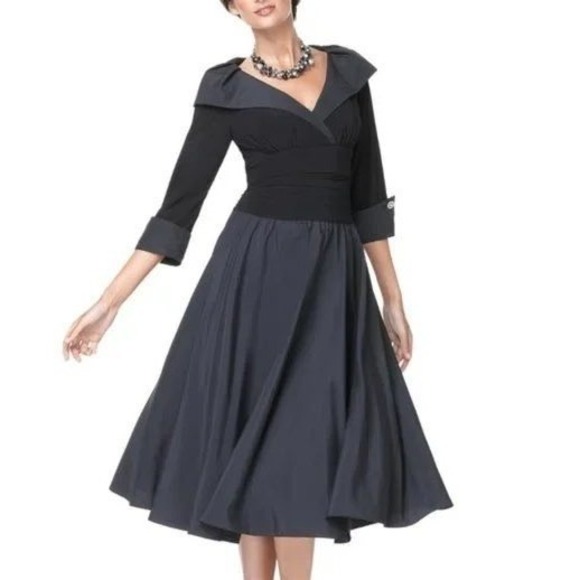Eliza J Dresses & Skirts - Eliza J Midi Dress Ruched Fit‎ & Flare Women's 8 Black Retro Rockabilly Feminine